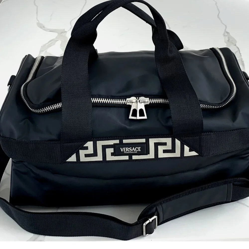 Versace Fragrances Black Duffle with Silver Tone Zipper Travel Overnight Bag New